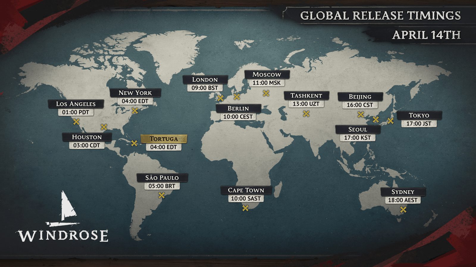 Windrose global release timings map, April 14